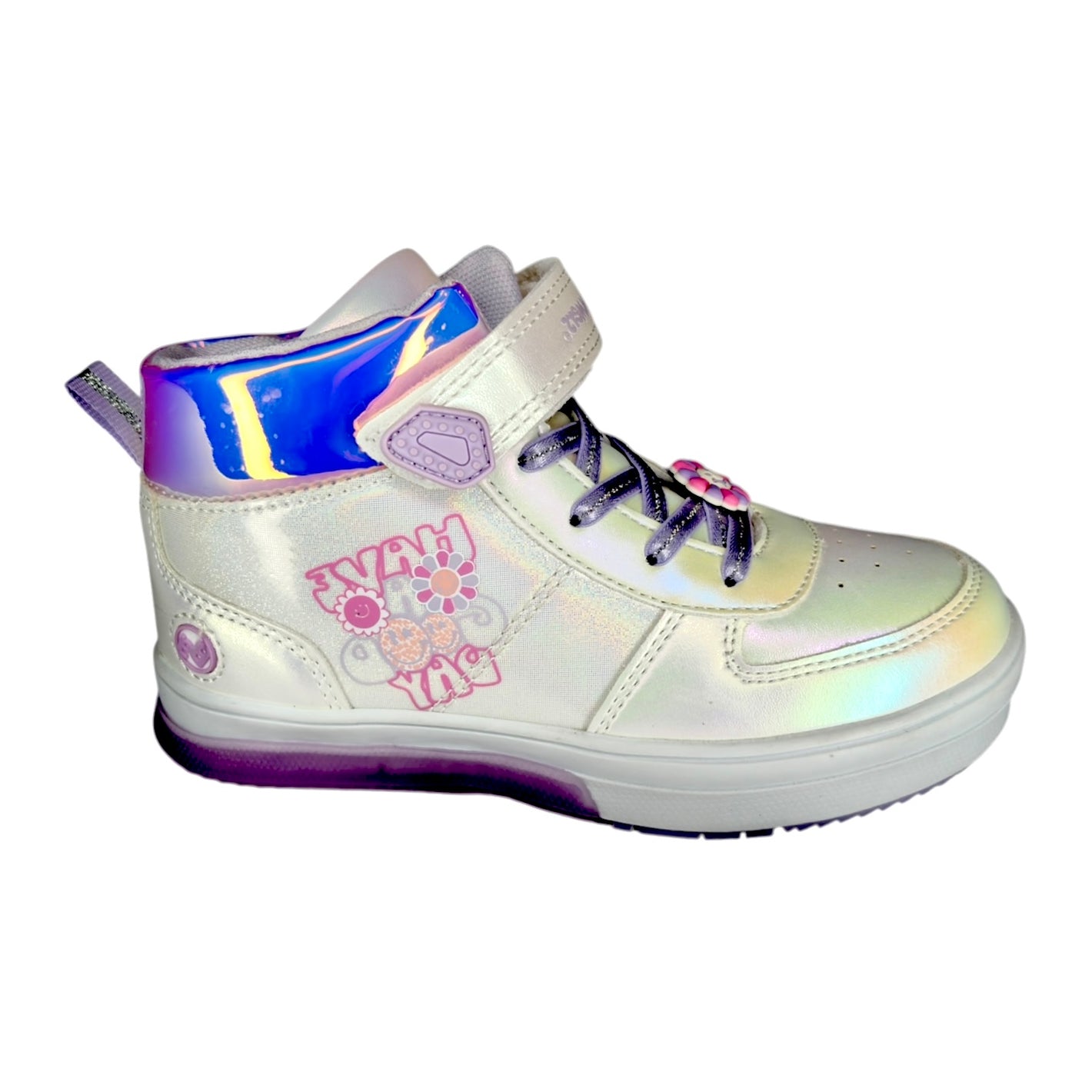 Tenis Tipo Bota para Niña – Iridiscente con Flores y Luces