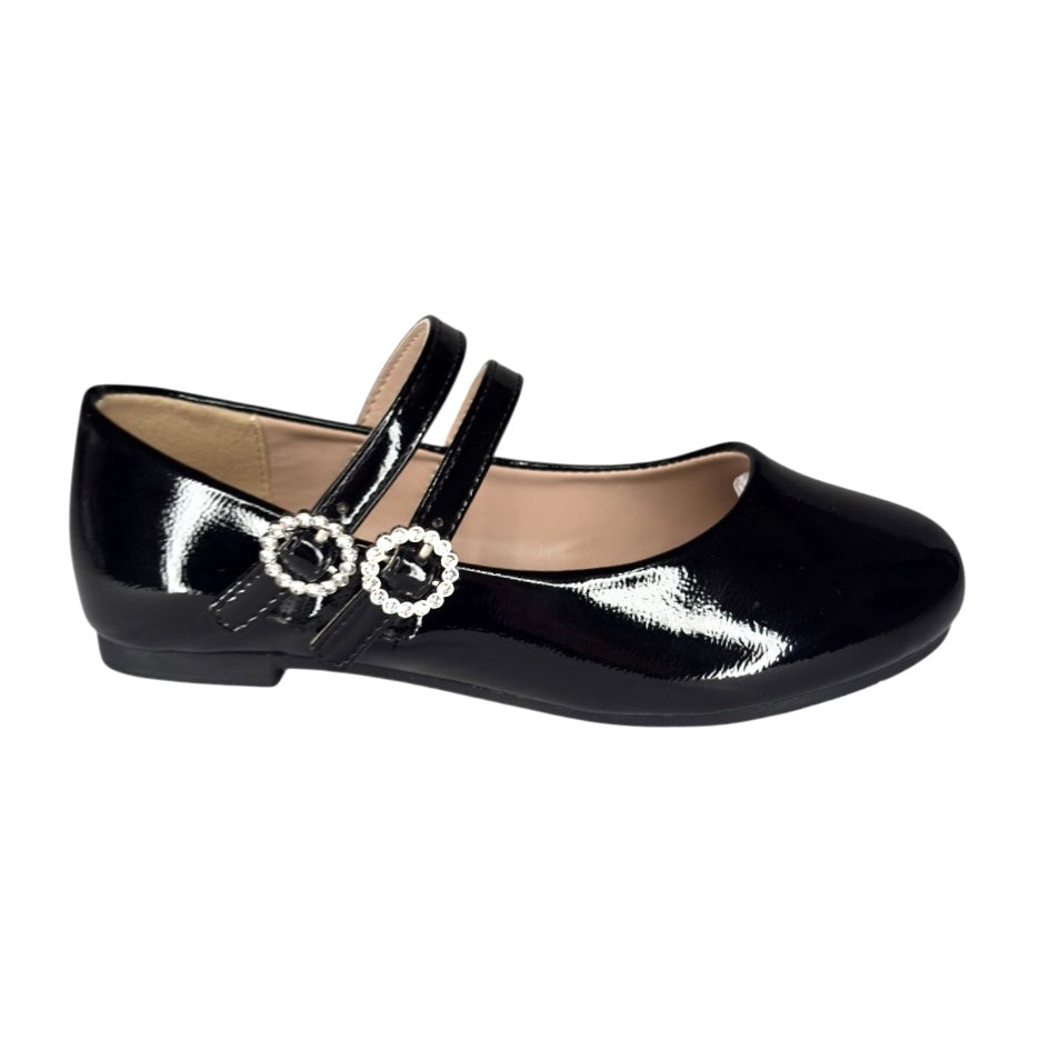 Bailarina para Niña – Charol Negro con Doble Correa y Hebillas de Brillantes