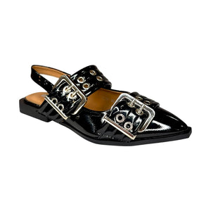 150701 taxi / Mule Plano Negro Charol con Hebillas